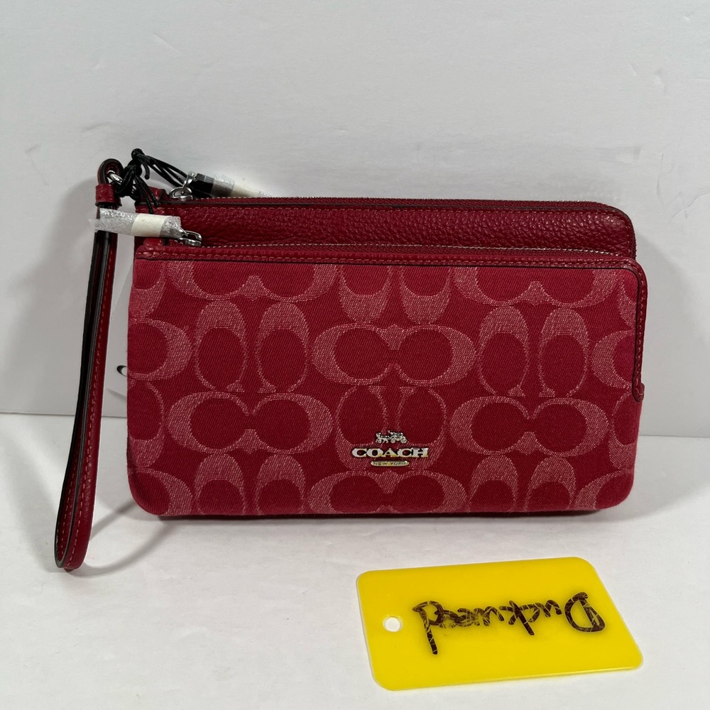Coach Double Zip Wallet In Signature Denim denim/Silver/True Red